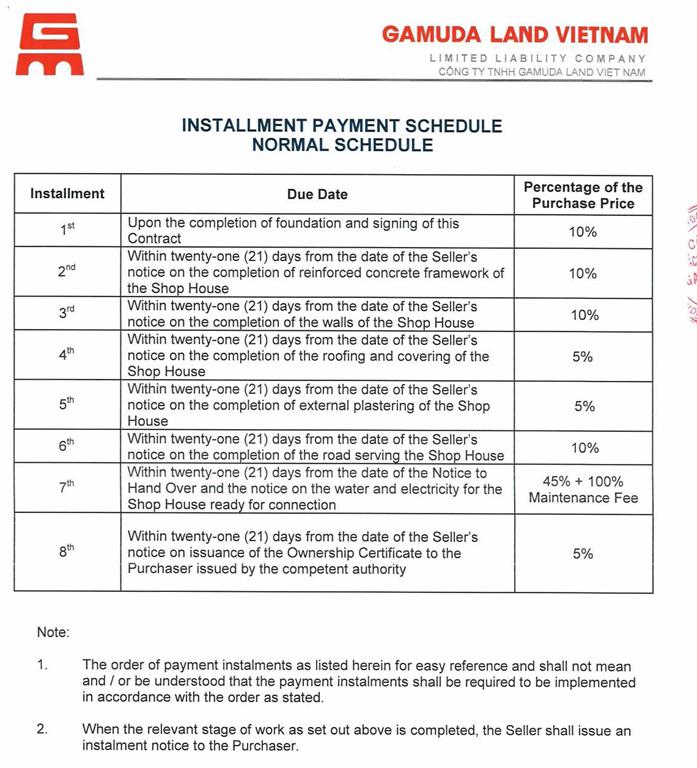 Payment schedule normal schedule - Shophouse Gamuda - The ONE