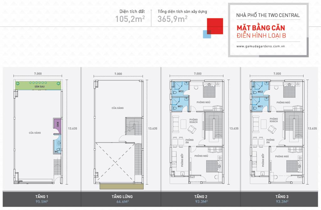 Mặt bằng thiết kế nhà phố The TWO Central- Gamuda Gardens - Loại B